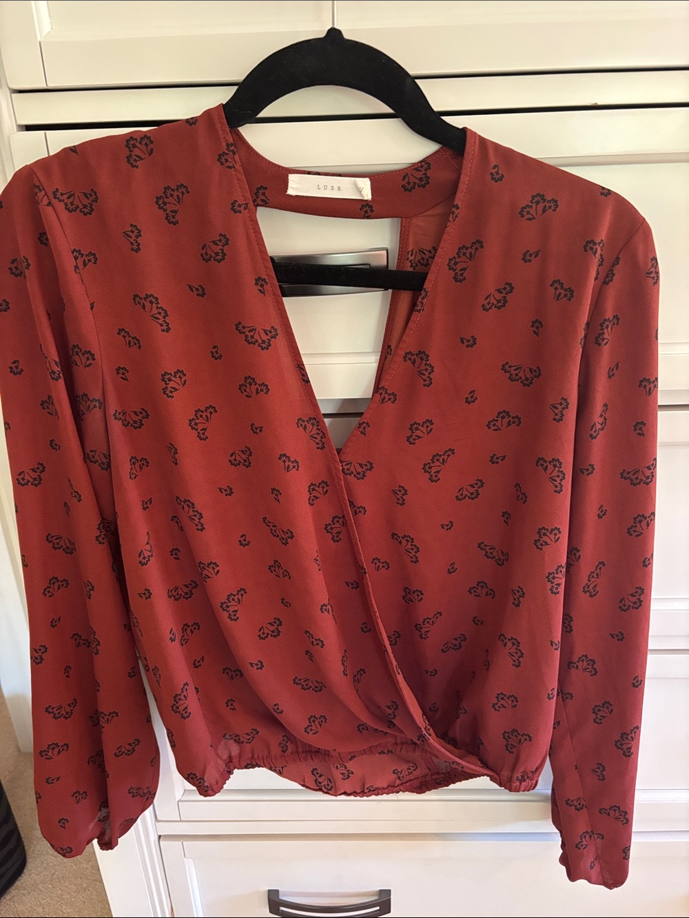 Lush Rust Red Floral-Print Wrap Blouse